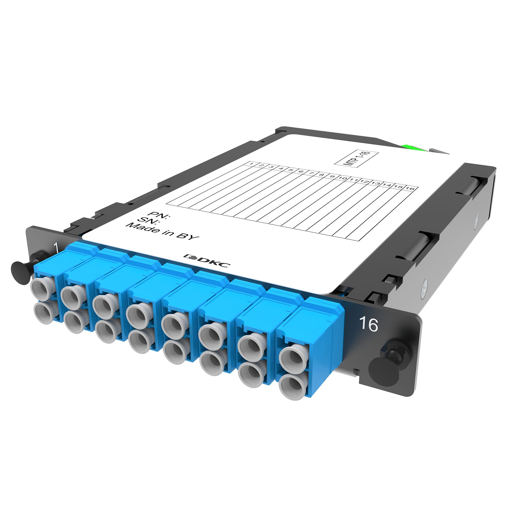 Претерминированная кассета 16 ОВ, OS2, 1xMTP(16)f/8xLC-UPC двухволоконный (Duplex), 1/2HU