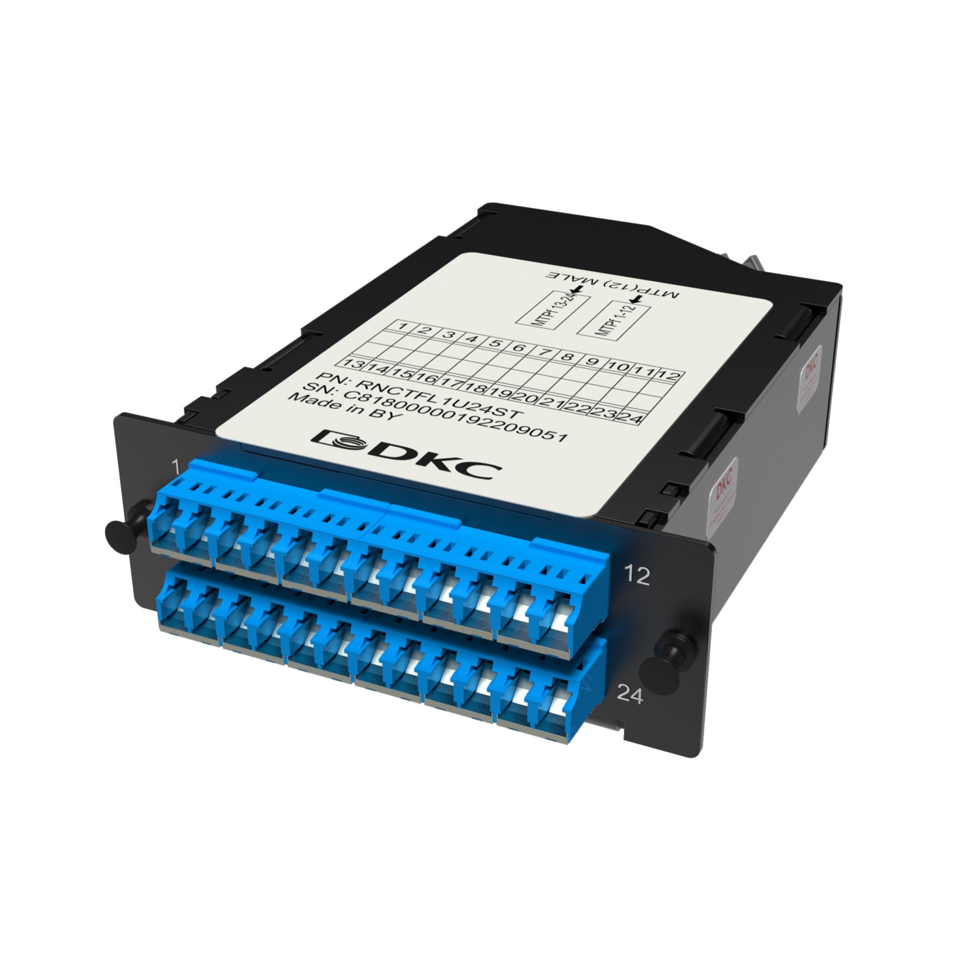 Претерминированная кассета 24ОВ 09/125 OS2, 2xMTP(12)f/12xLC-UPC двухволоконный (Duplex) (с интегрированными шторками), 1 HU