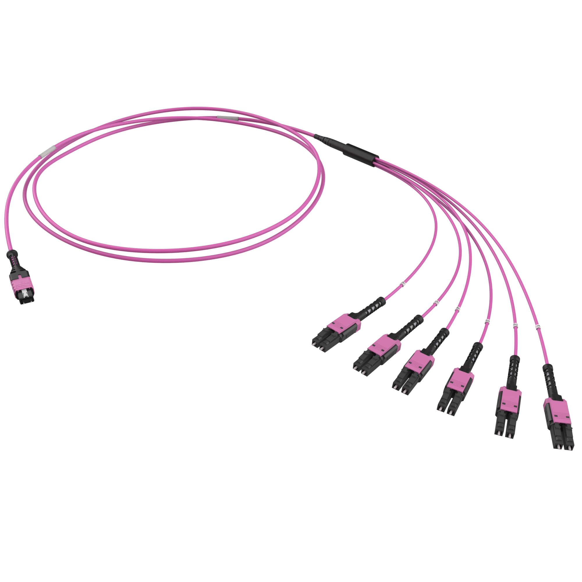 Оптическая разветвительная сборка 12ОВ 50/125 OM4, 1xMTP PRO(12)/6хLC двухволоконный (Duplex) Uniboot, 1м (предустановленная конфигурация: MTP Male , тип полярности - прямая (Tx-->Rx)
