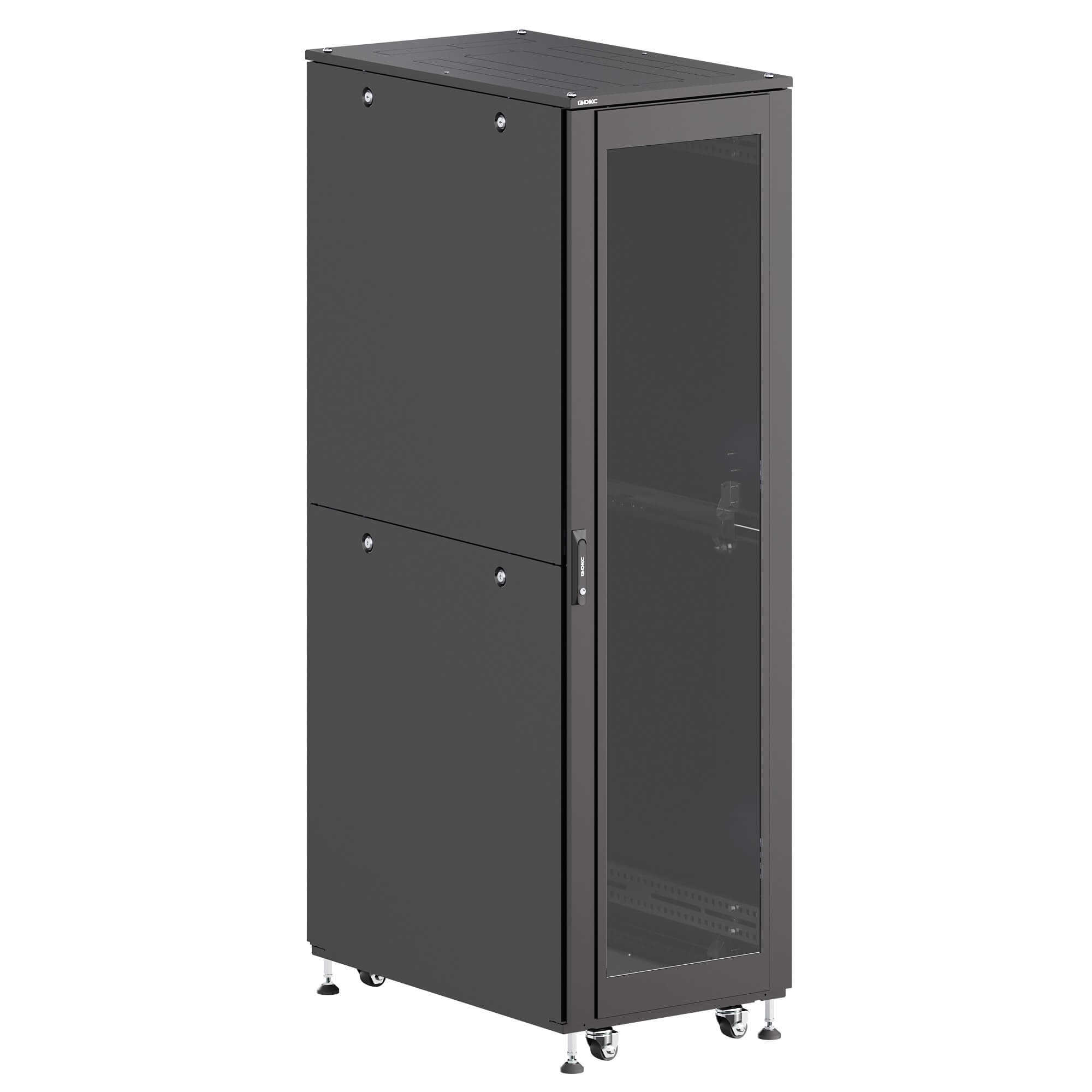 Шкаф ДКС телекоммуникационный, Серия Т, напольный, разобранный 19", 47U 600x1000мм, крыша с вырубкой, дверь стекло и двойная сплошная металл, двойные боковые панели, черный RAL9005
