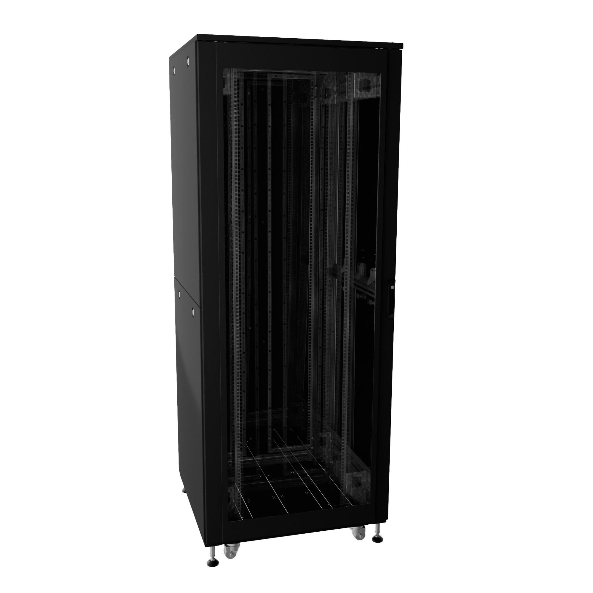 Шкаф ДКС телекоммуникационный, Серия Т, напольный, разобранный 19", 32U 600x800мм, крыша с вырубкой, дверь стекло и сплошная металл, одинарные боковые панели, черный RAL9005