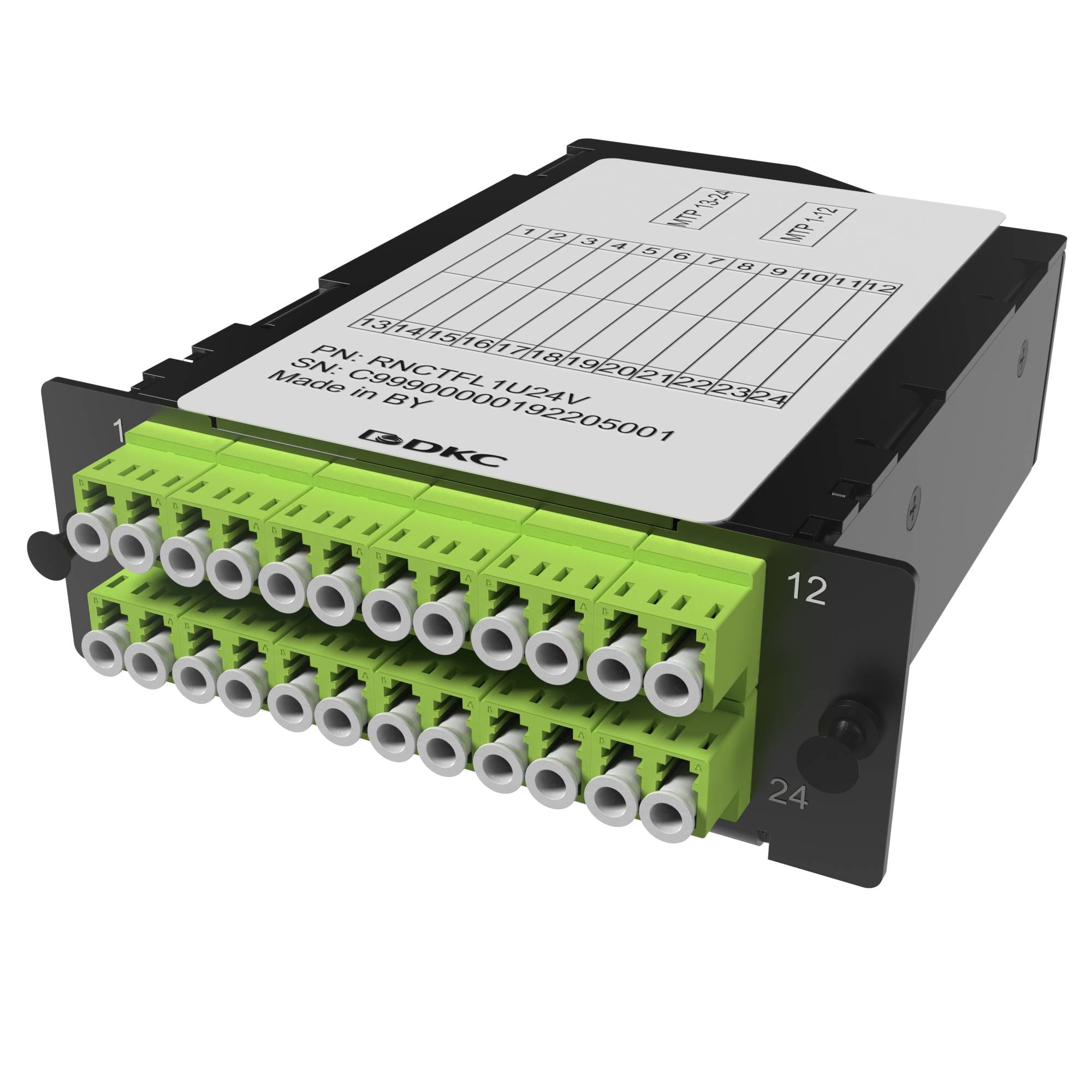 Претерминированная кассета 24ОВ 50/125 OM5, 2xMTP(12)f/12xLC двухволоконный (Duplex), 1 HU