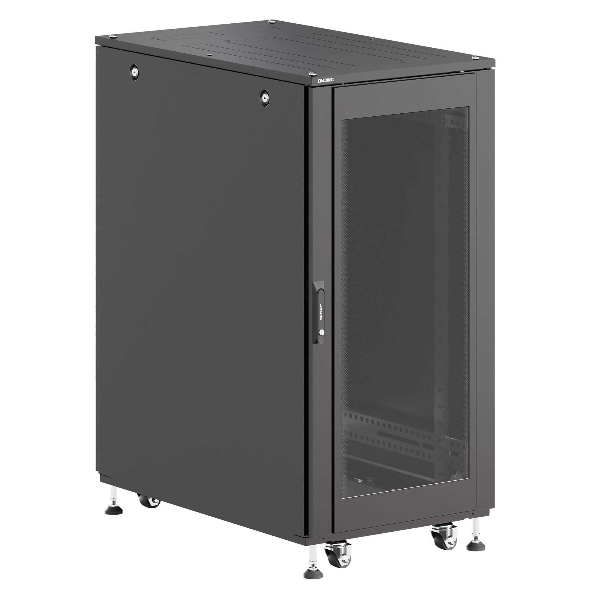 Шкаф ДКС телекоммуникационный, Серия Т, напольный, разобранный 19", 24U 600x1000мм, крыша с вырубкой, дверь стекло и сплошная металл, одинарные боковые панели, черный RAL9005