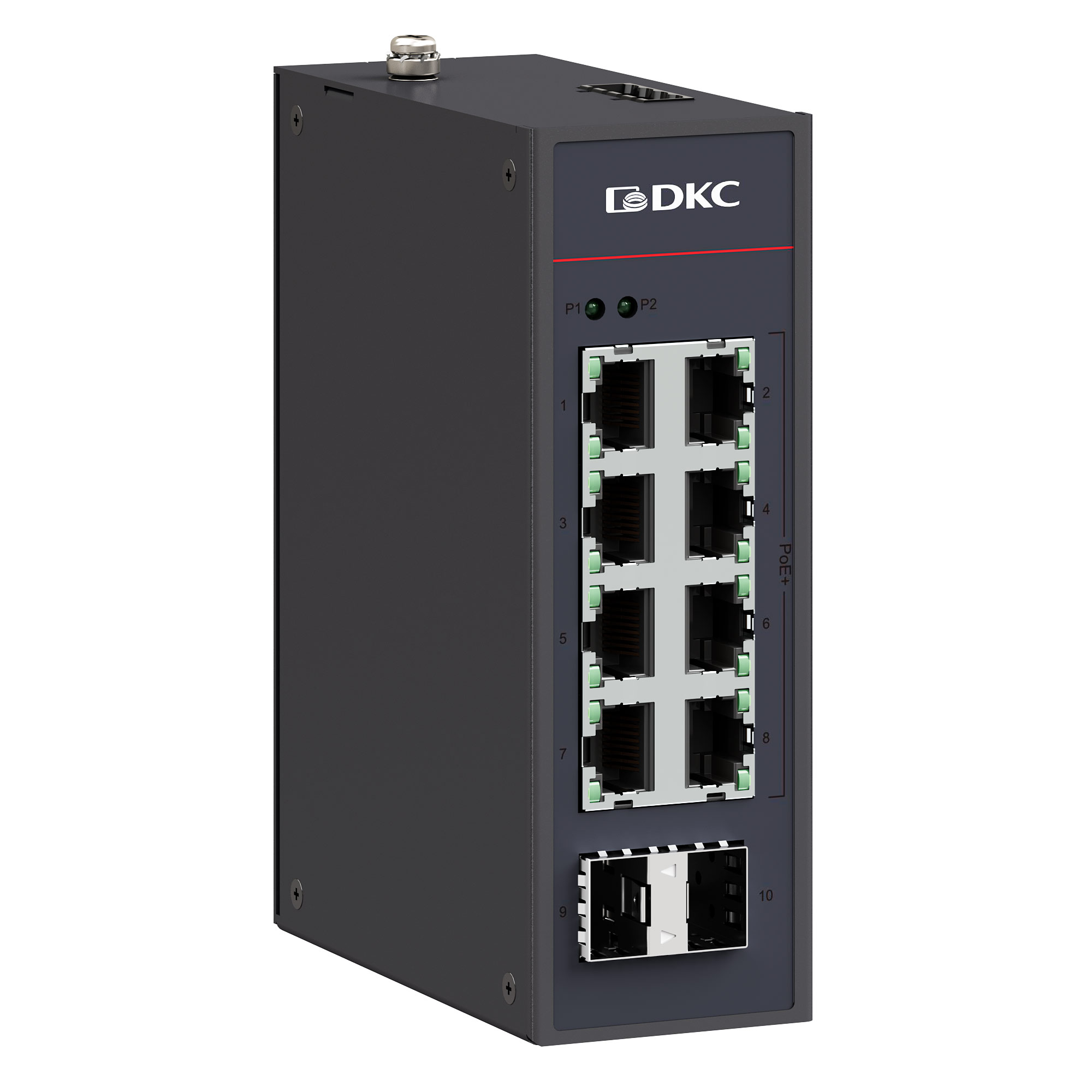 Промышленный неуправляемый коммутатор с POE/POE+, 2×10/100/1000Base SFPслота, 8×10/100/1000Base-T(X) портов RJ45 (8×POE), 48-57 DC,резервированием