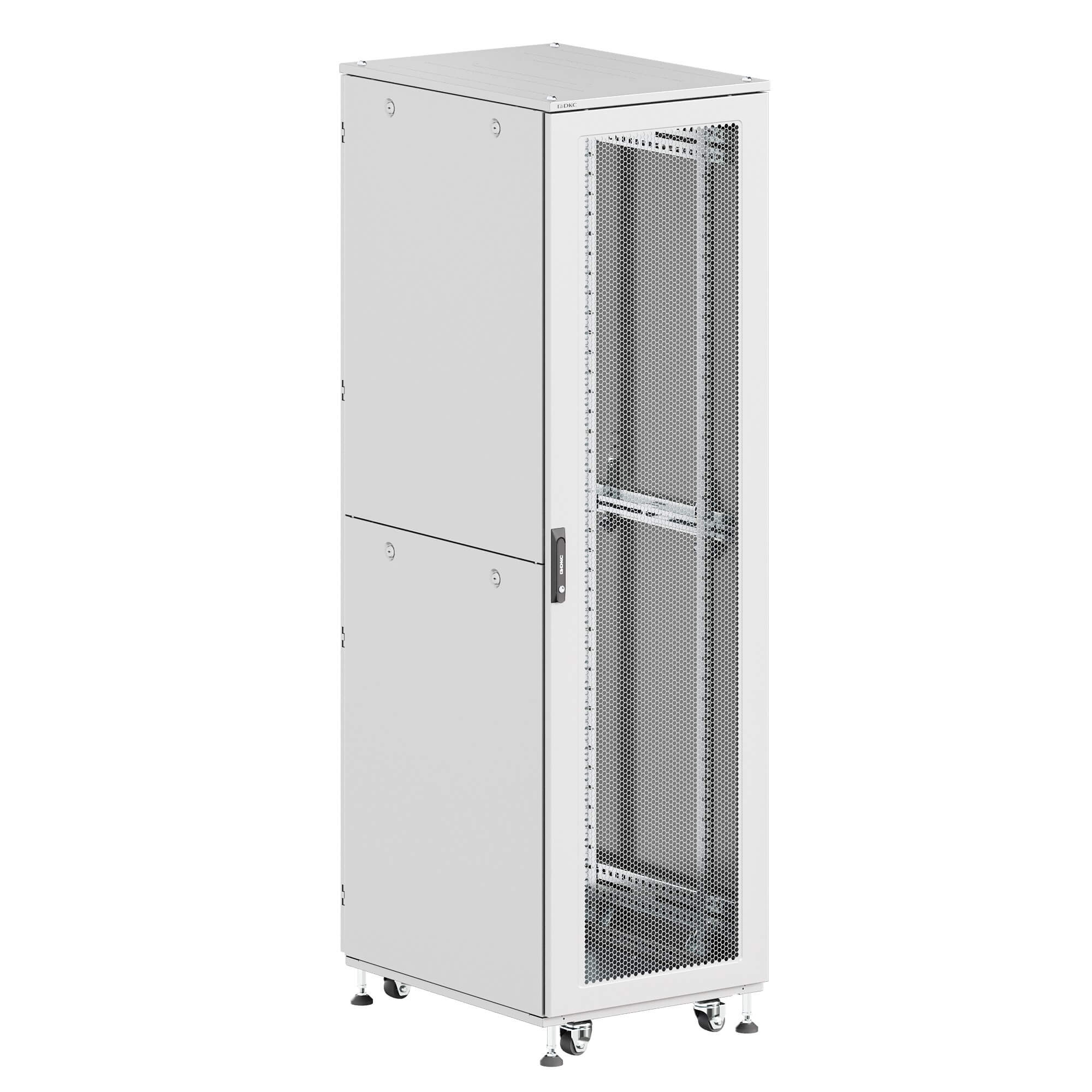 Шкаф ДКС телекоммуникационный, Серия Т, напольный, разобранный 19", 47U 600x600мм, крыша с вырубкой, дверь перф. и перф., двойные боковые панели, серый RAL7035