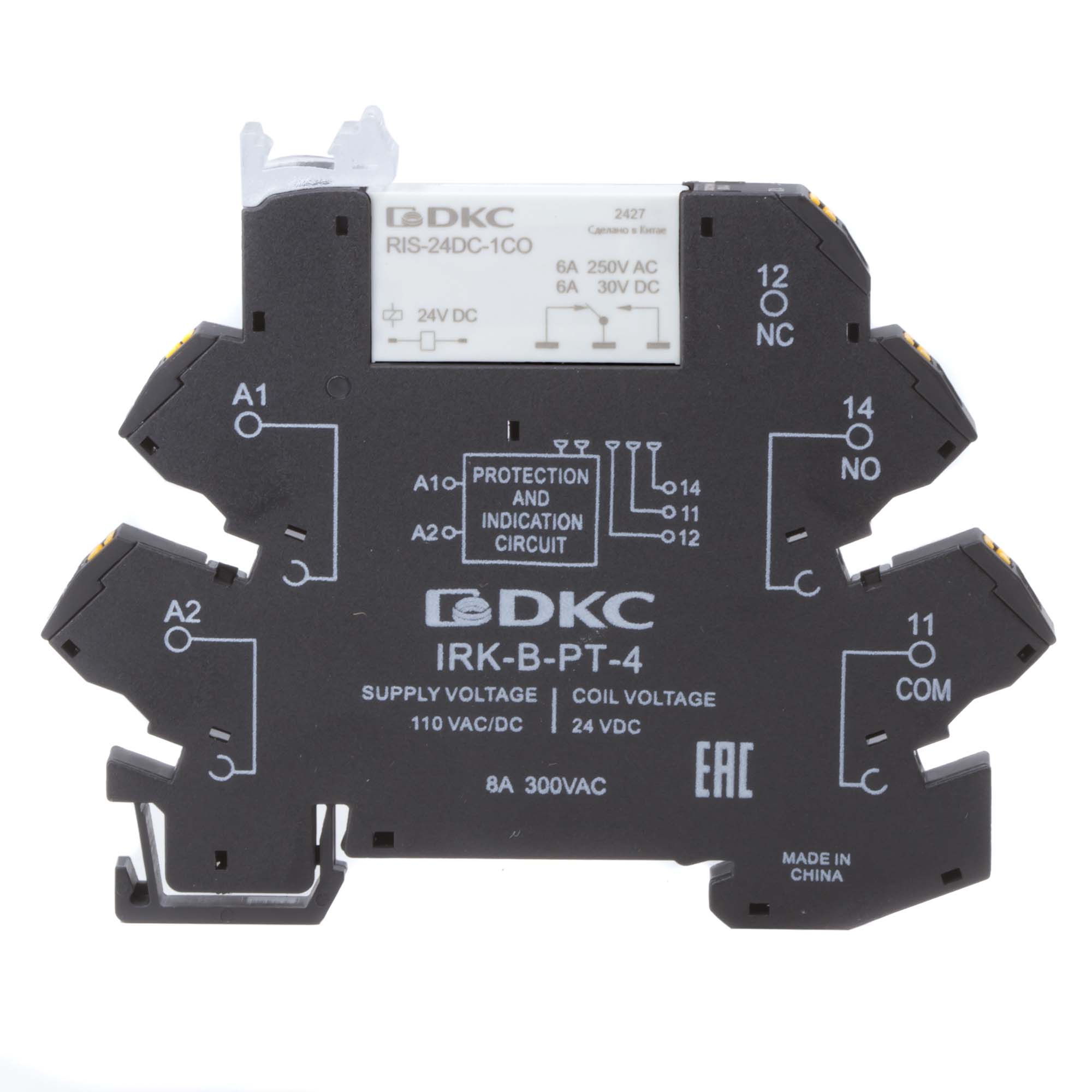 Реле интерфейсное, 1CO, ком. ток 6А, AgSnO2, напряжение 110V AC/DC, push-in клеммы.