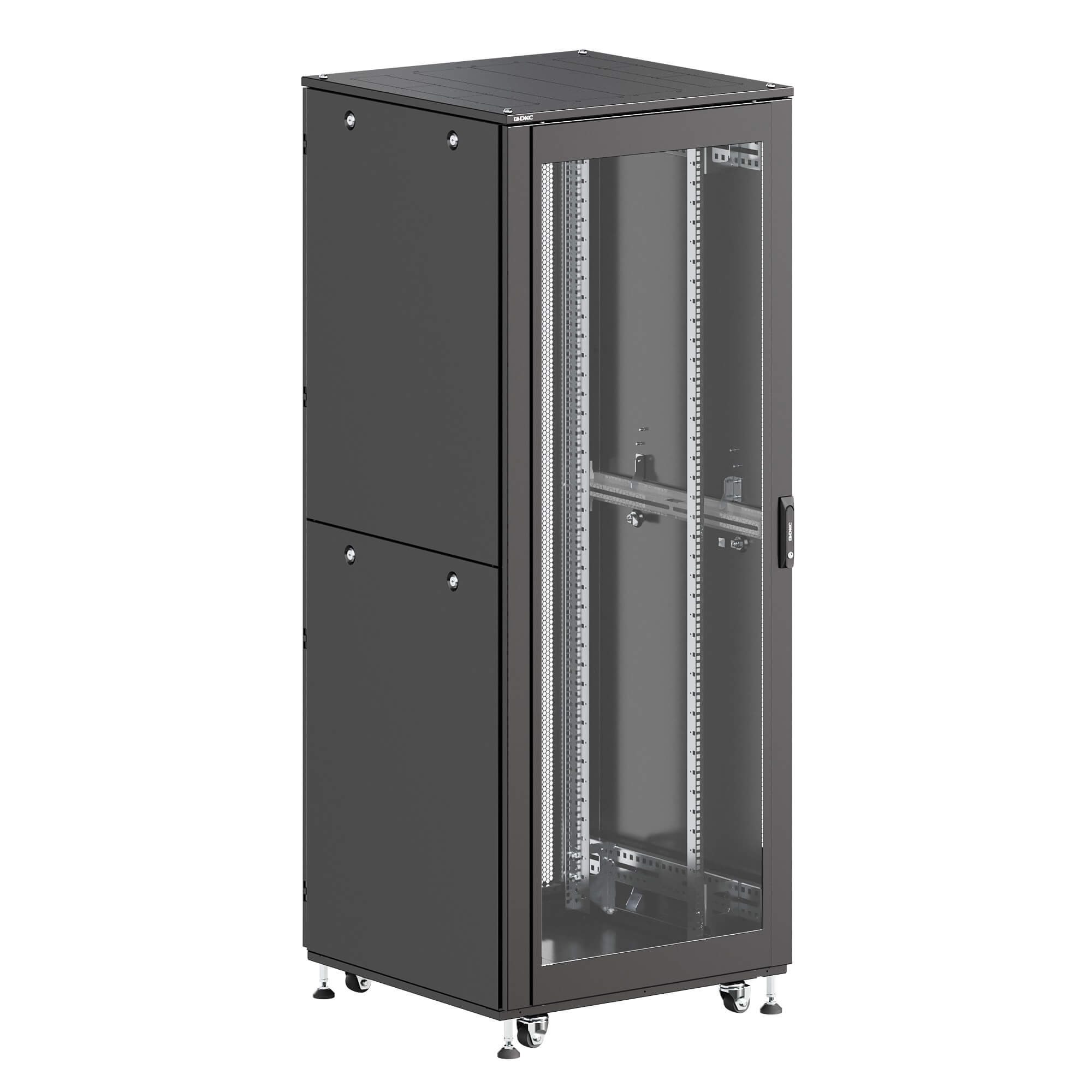 Шкаф ДКС телекоммуникационный, Серия Т, напольный, разобранный 19", 47U 600x600мм, крыша с вырубкой, дверь стекло и сплошная металл, двойные боковые панели, серый RAL7035