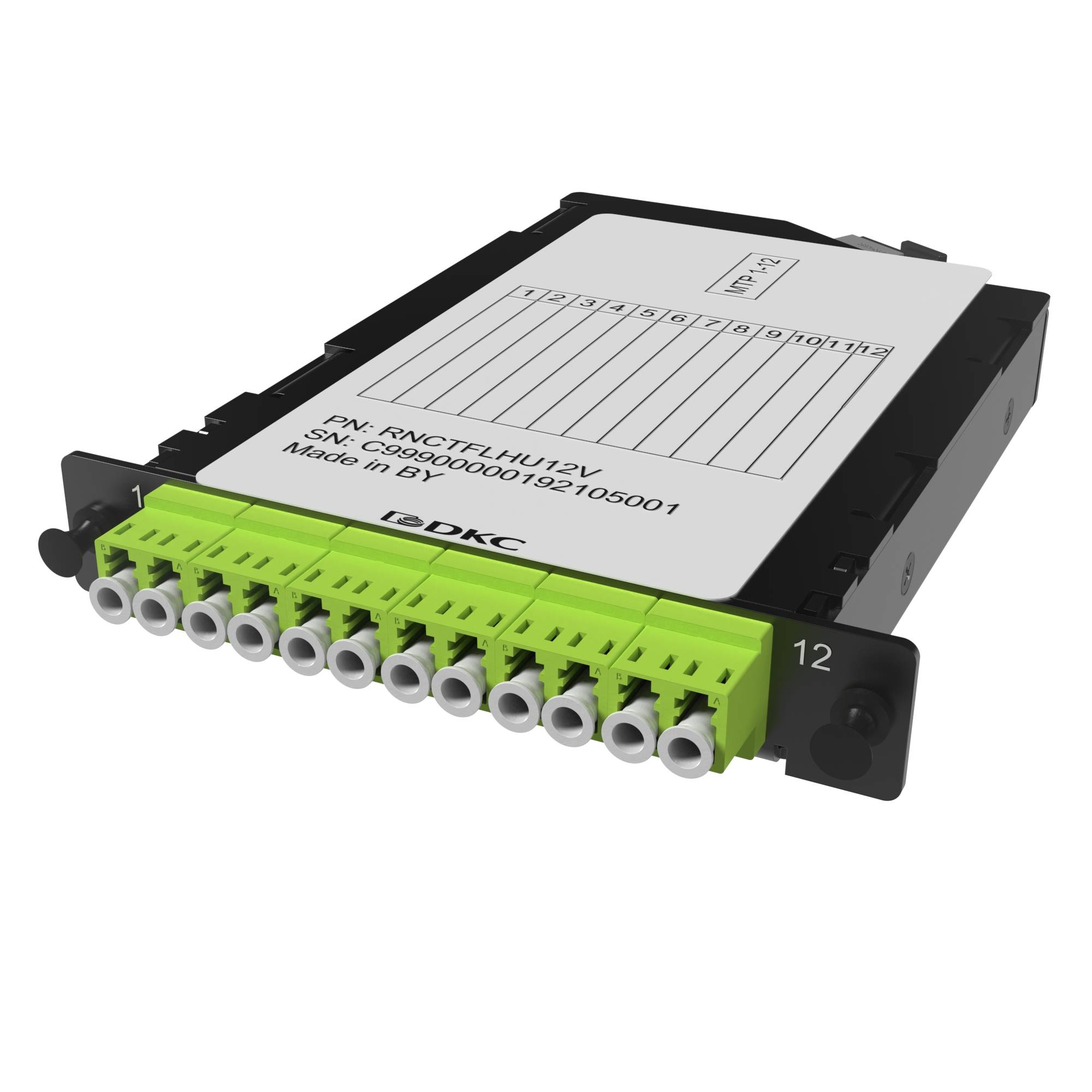 Претерминированная кассета 12ОВ 50/125 OM5, 1xMTP(12)f/6xLC двухволоконный (Duplex), 1/2 HU