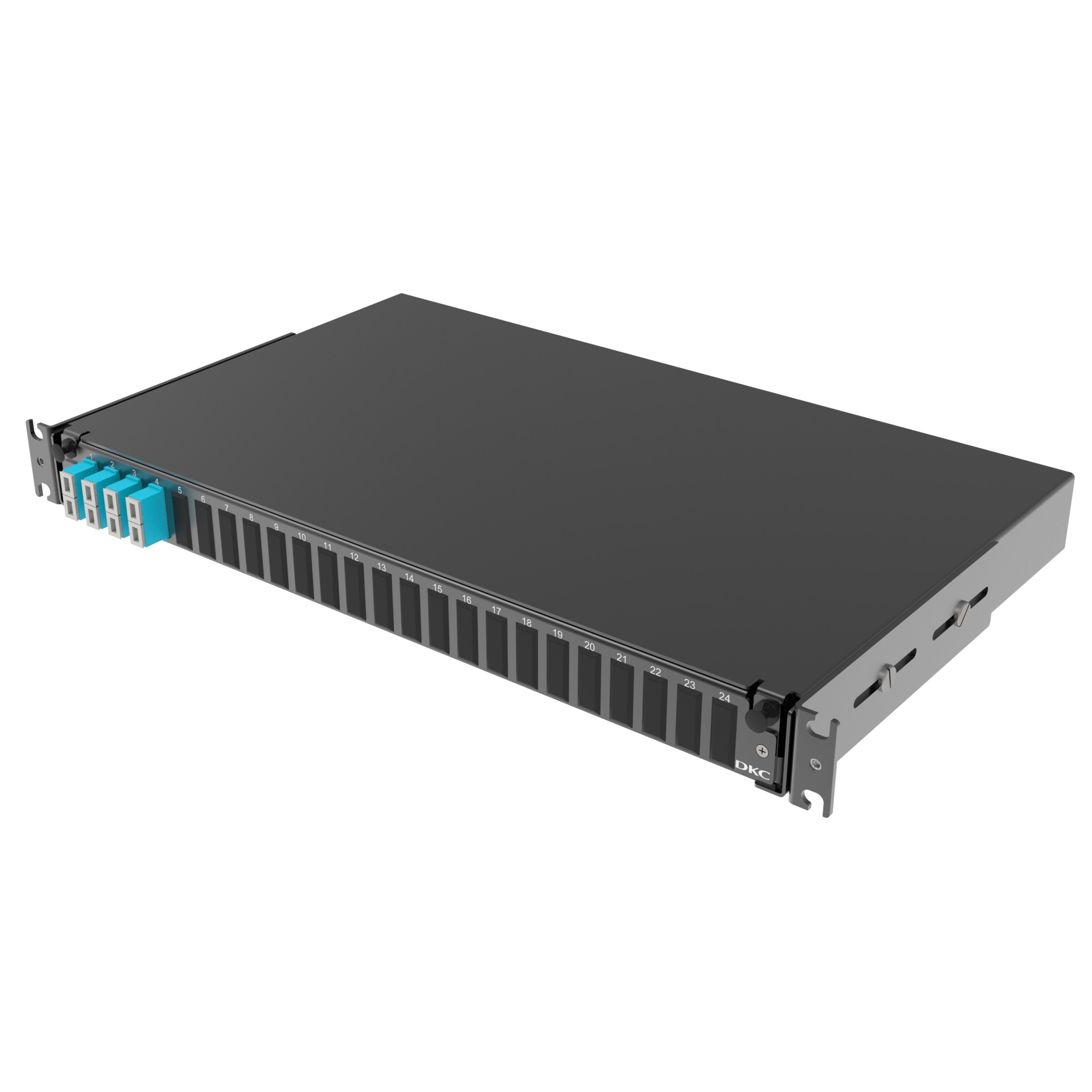 Оптическая полка выдвижная 1U с адатерами 4 х двухволоконный (Duplex) SC ОМ3 в комплекте с лицевой панелью, пигтейлами, сплайс-кассет(ой/ами) и гильзами КДЗС