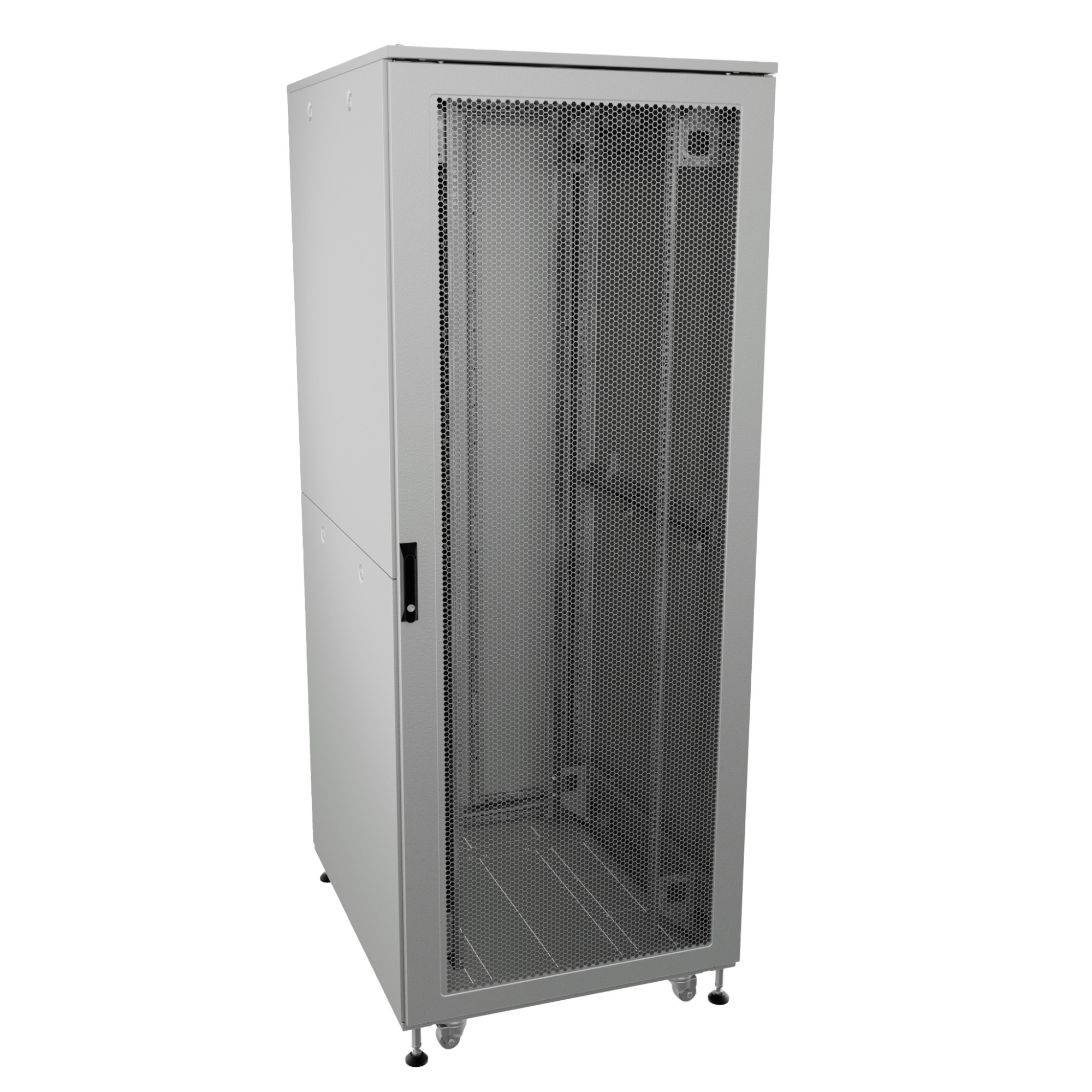 Шкаф ДКС телекоммуникационный, Серия Т, напольный, разобранный 19", 32U 600x800мм, крыша с вырубкой, дверь перф. и перф., одинарные боковые панели, серый RAL7035