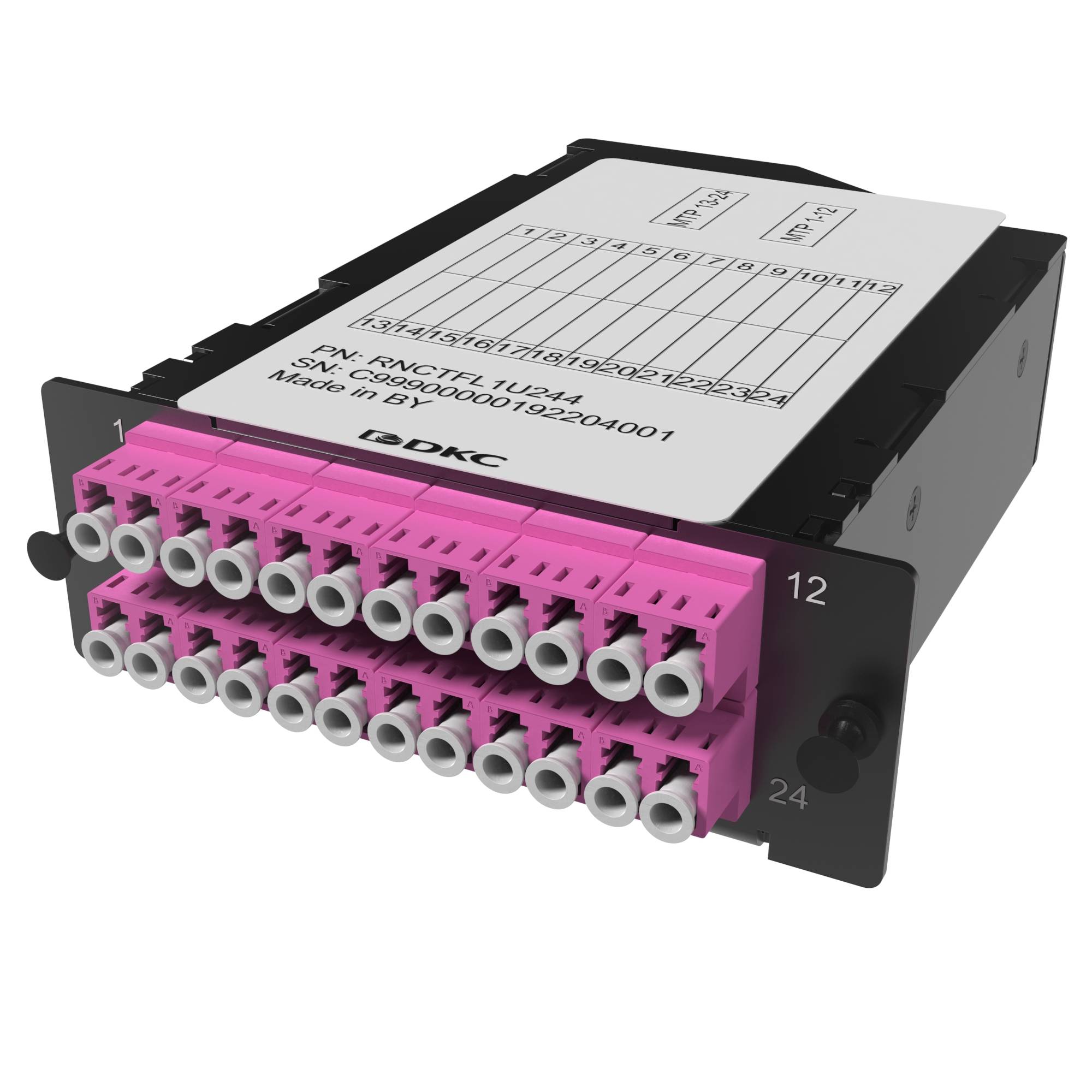 Претерминированная кассета 24ОВ 50/125 OM4, 2xMTP(12)f/12xLC двухволоконный (Duplex), 1 HU