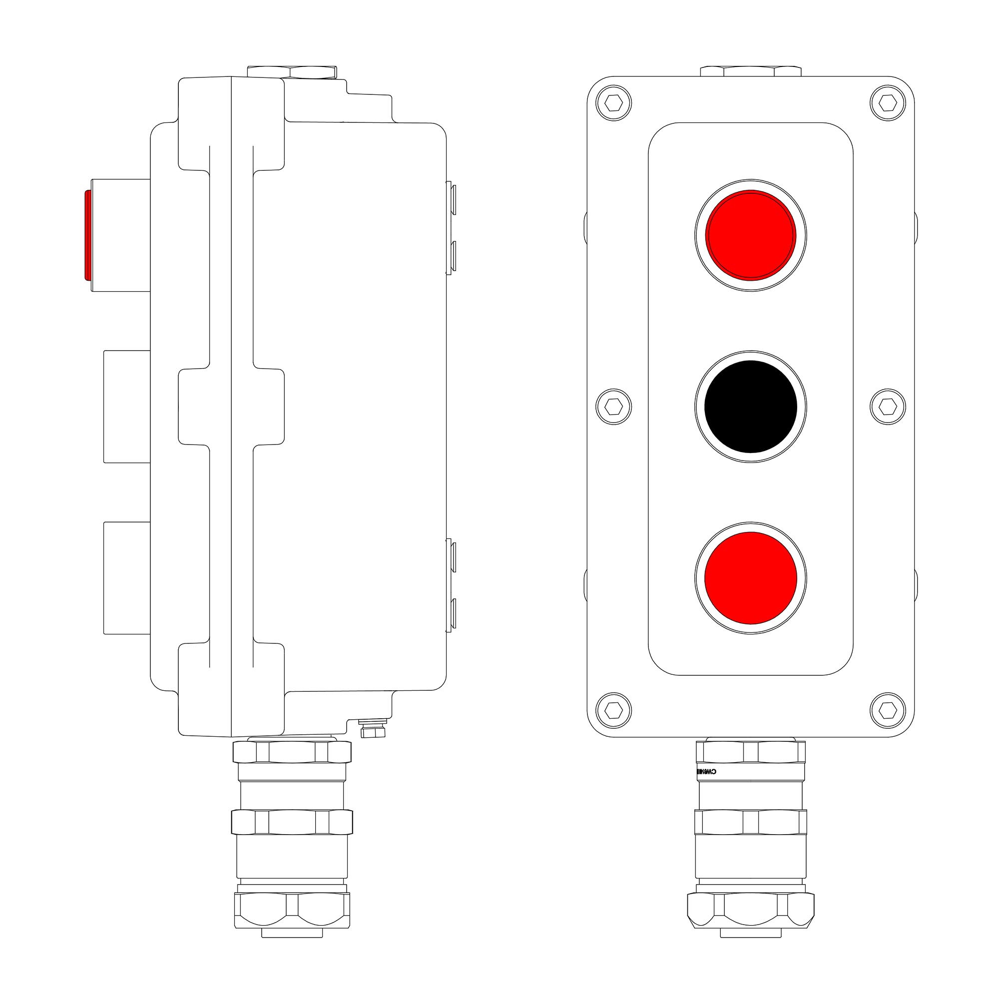 Взрывонепроницаемый пост управления из алюминия LCSD-03-B-MC-L1R(220)x1-P1B(11)x1-P1R(11)x1-PCMB-KAEPM3MHK-20 / 1Ex d IIB T5 Gb / Ex tb IIIC T95°С Db IP66