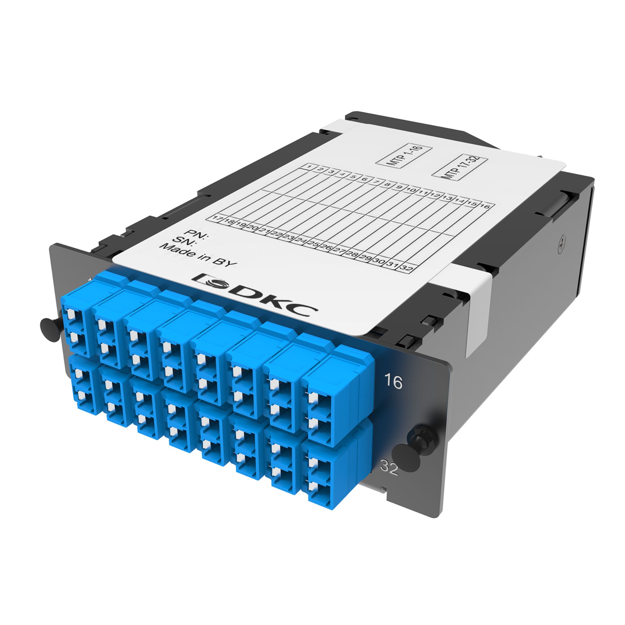 Претерминированная кассета 32 ОВ, OS2, 2xMTP(16)f/16xLC-UPC двухволоконный (Duplex), (синтегрированными шторками), 1 HU