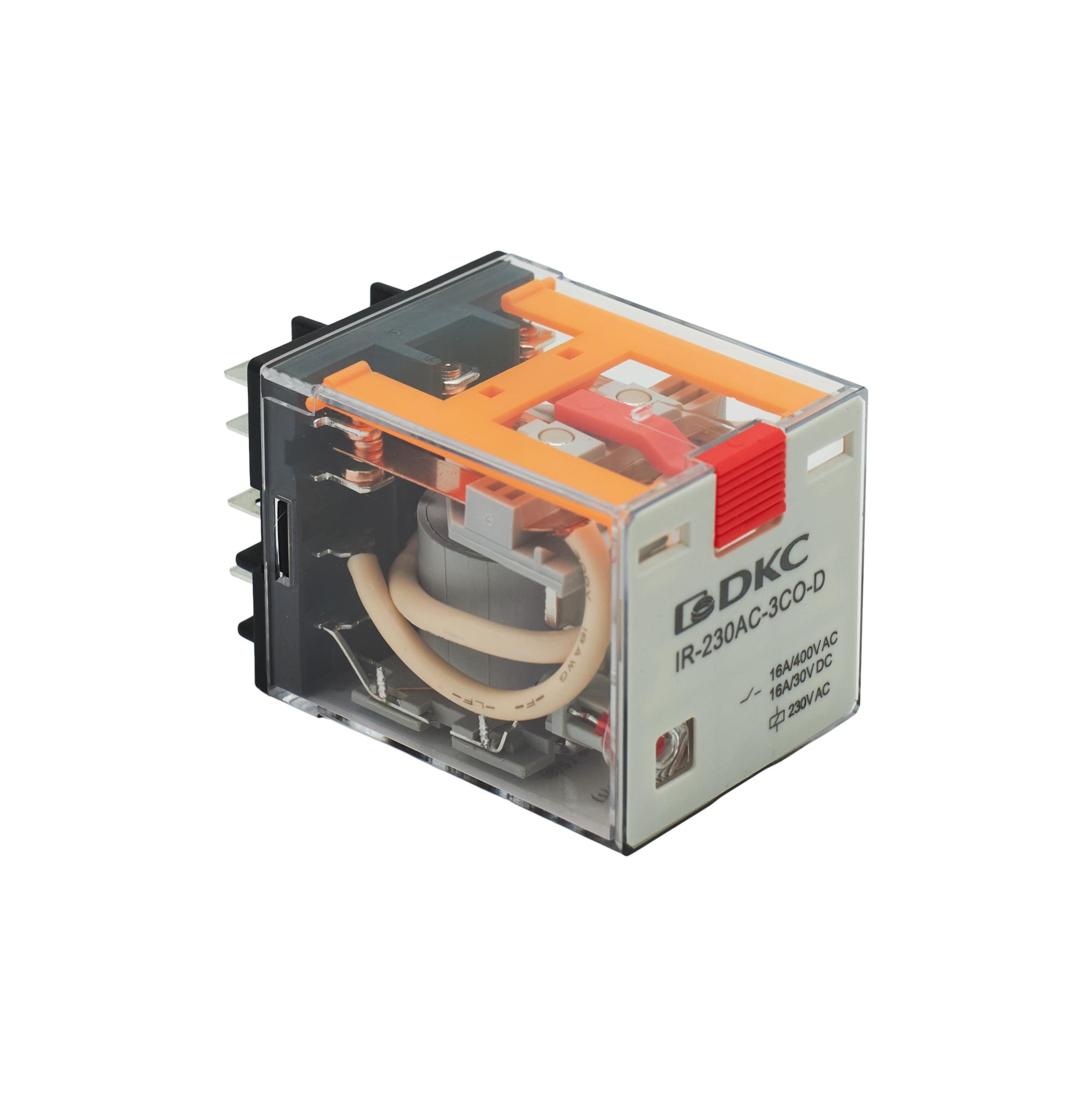 Реле миниатюрное силовое, 3CO, ком. ток 16А, AgSnO2, напряжение 230V AC, опция: тест-кнопка+светодиод