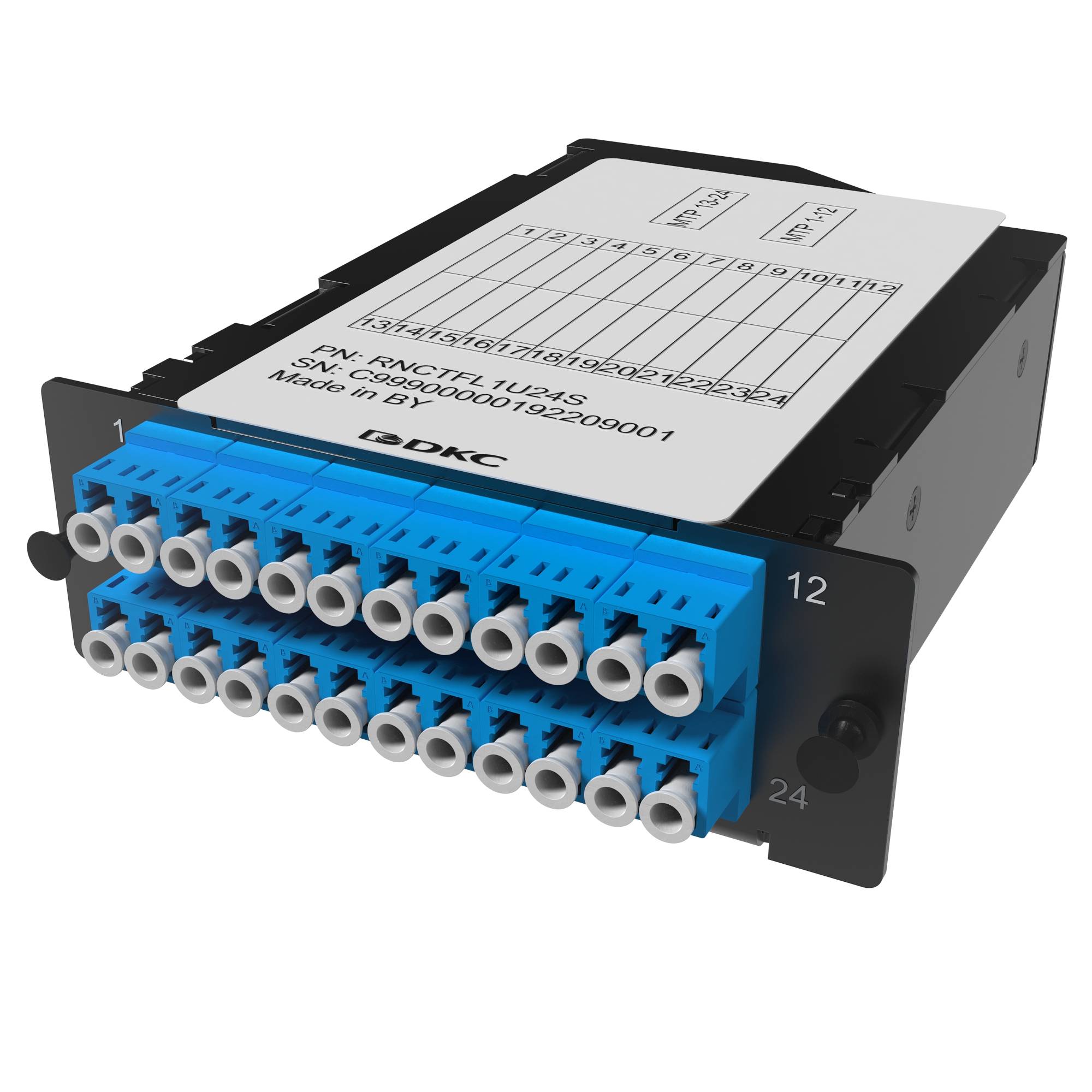 Претерминированная кассета 24ОВ 09/125 OS2, 2xMTP(12)f/12xLC-UPC двухволоконный (Duplex), 1 HU