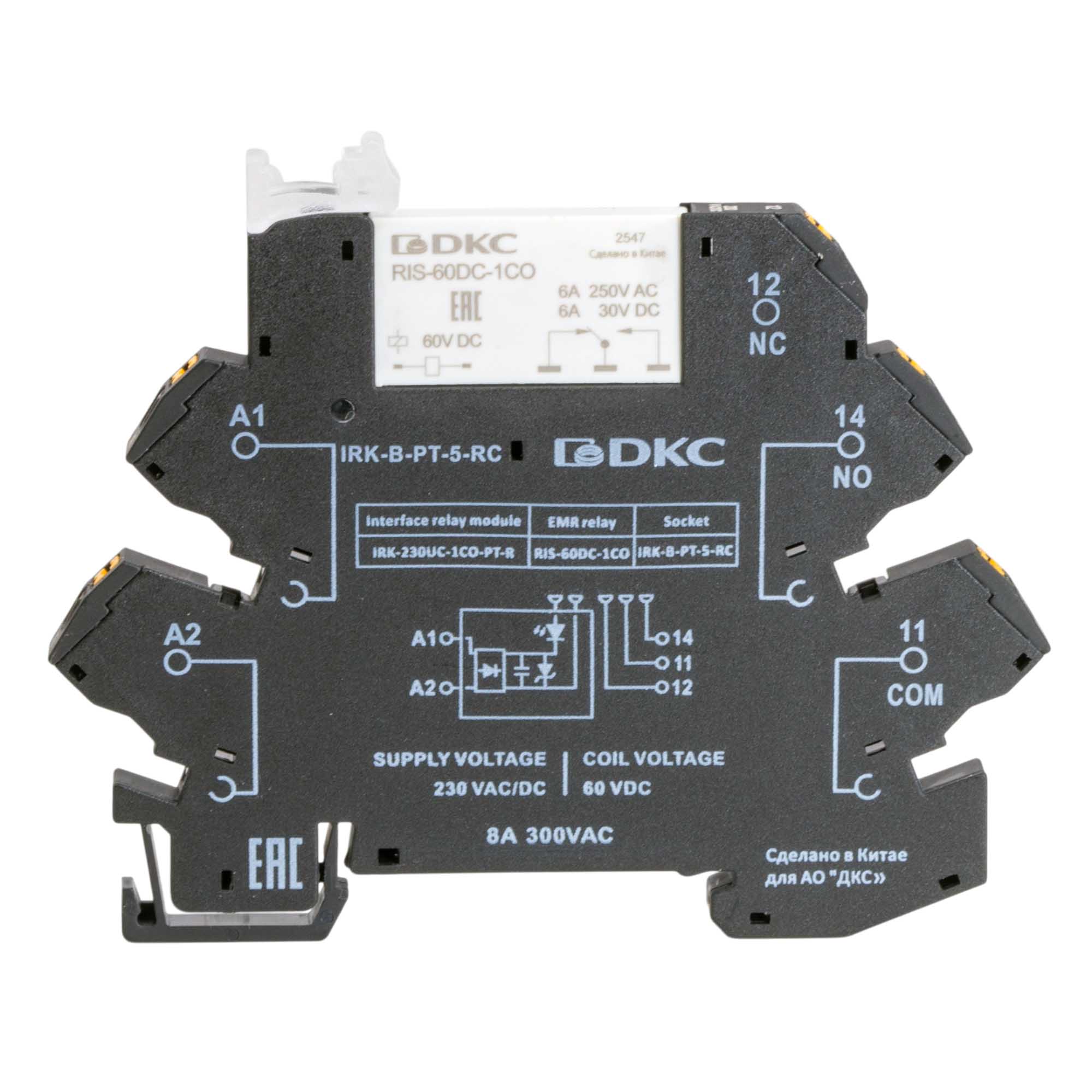 Реле интерфейсное, 1CO, ком. ток 6А, AgSnO₂, напряжение 230V AC/DC, RC-цепь, push-in клеммы.