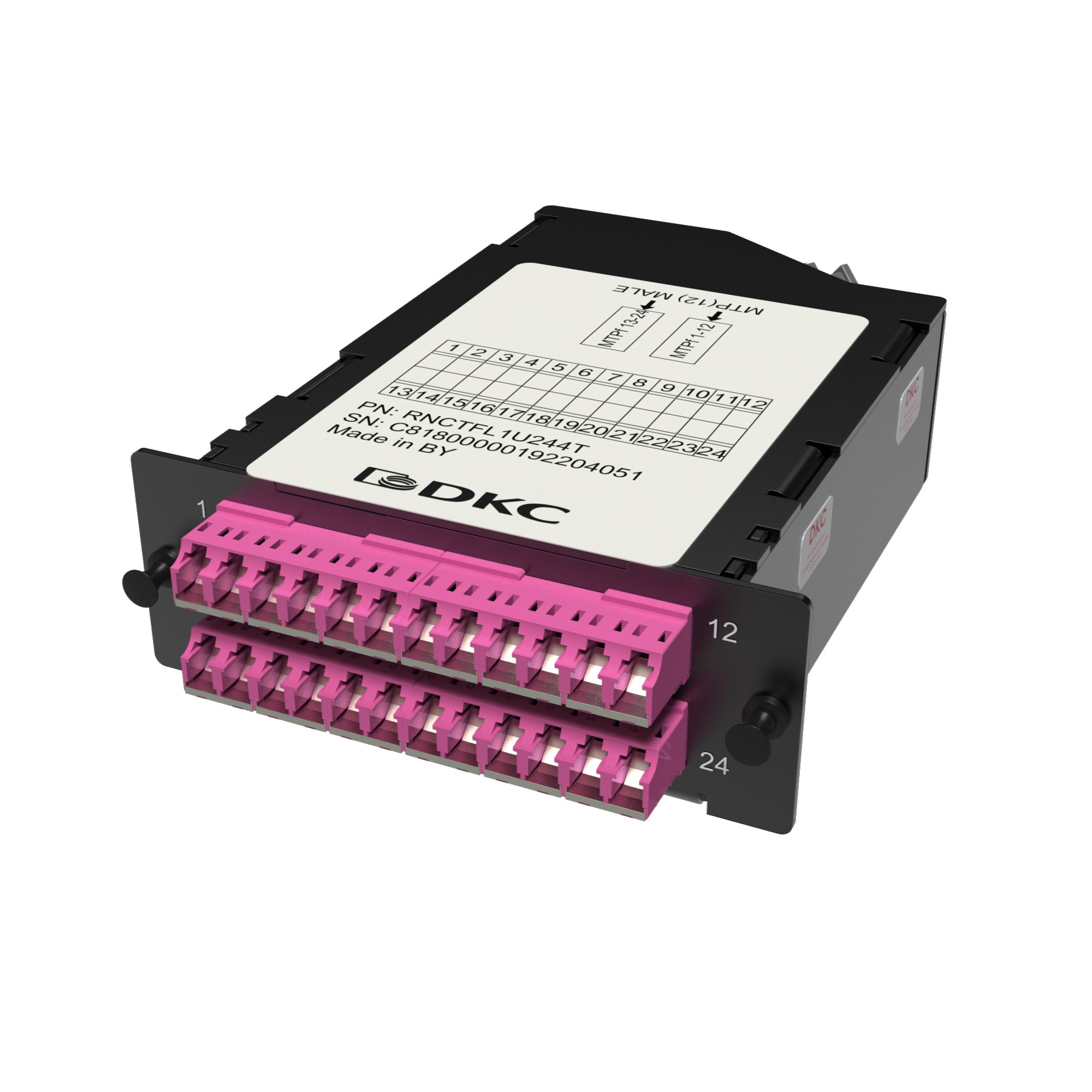 Претерминированная кассета 24ОВ 50/125 OM4, 2xMTP(12)f/12xLC двухволоконный (Duplex) (с интегрированными шторками), 1 HU