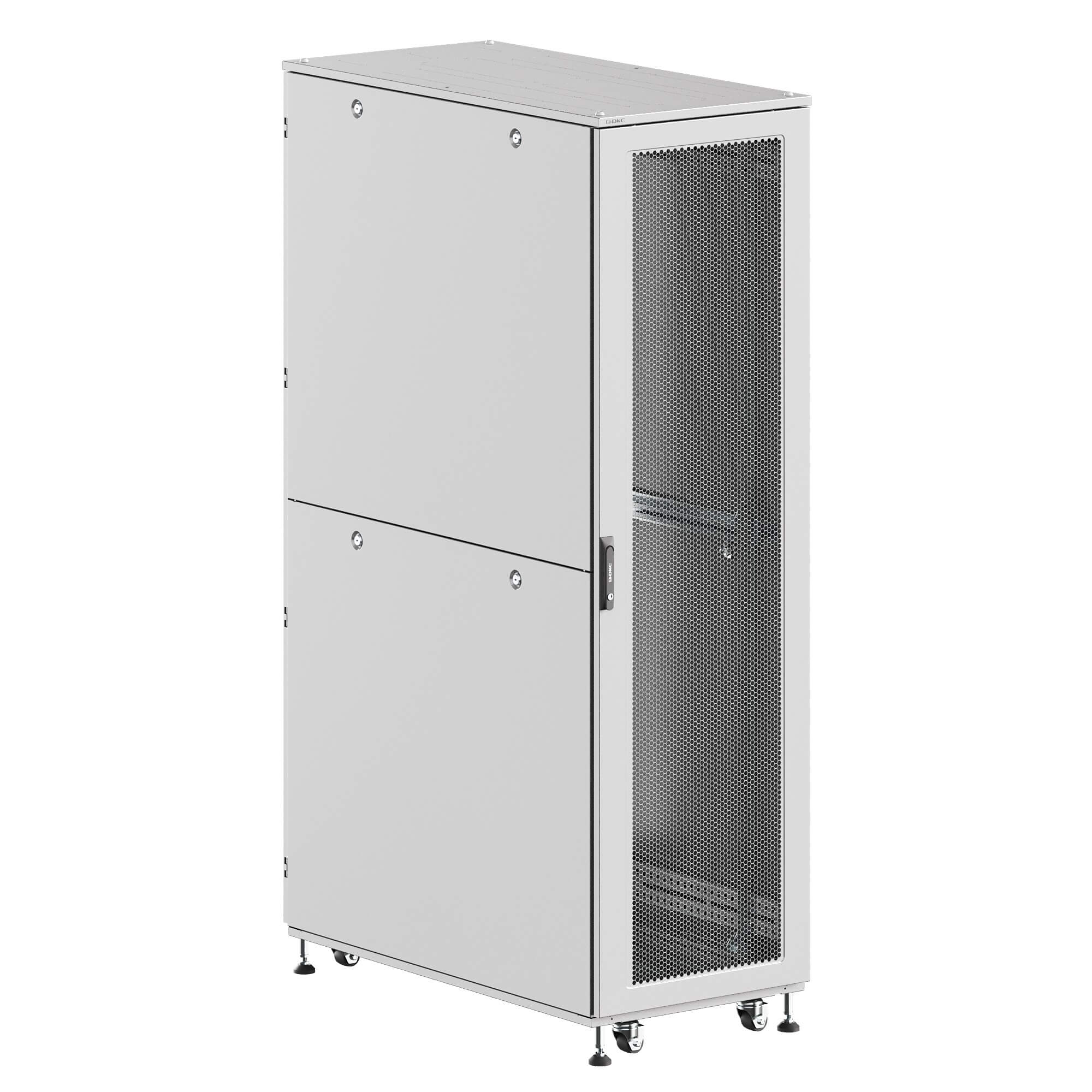 Шкаф ДКС телекоммуникационный, Серия Т, напольный, разобранный 19", 47U 600x1200мм, крыша с вырубкой, дверь перф. и двойная перф., двойные боковые панели, серый RAL7035