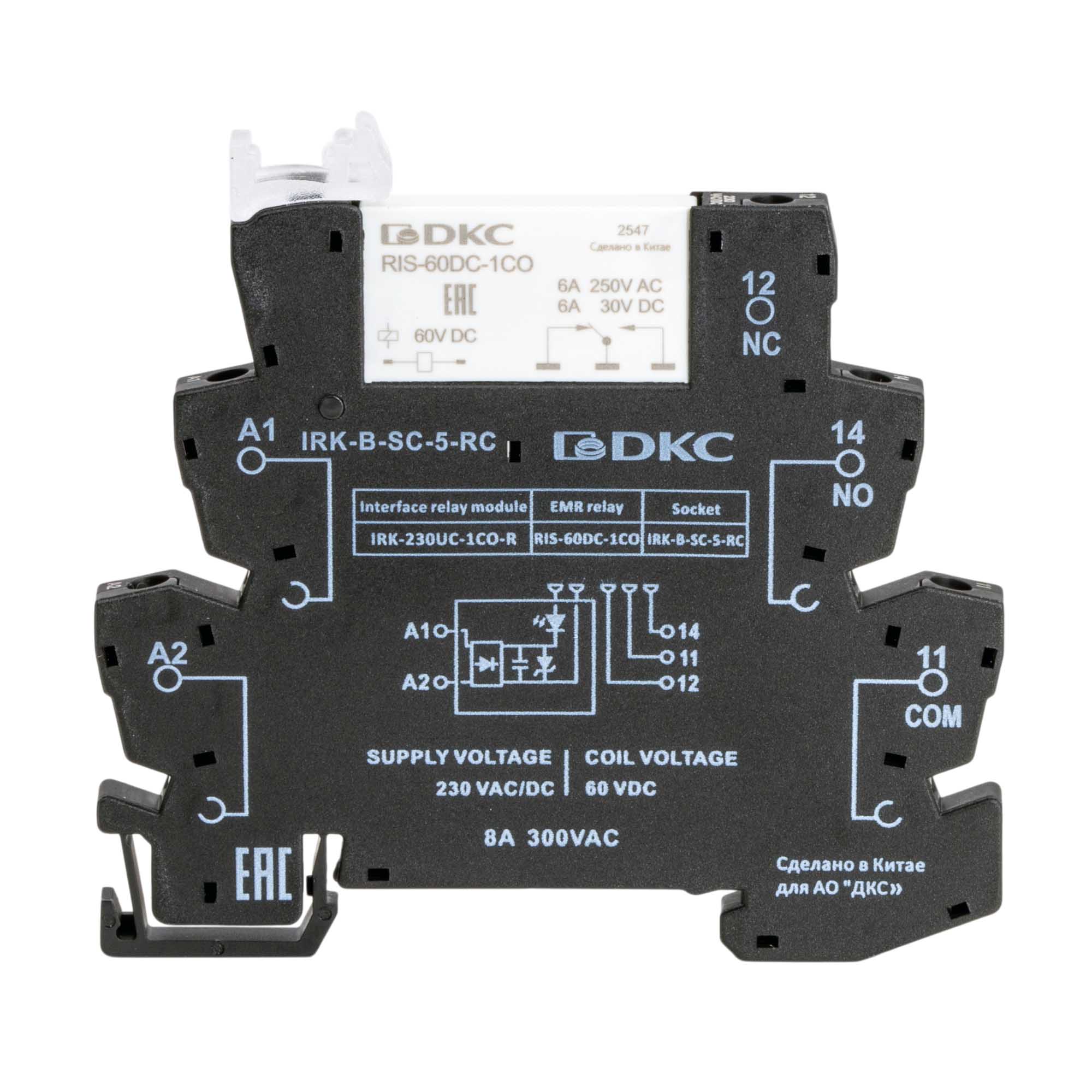 Реле интерфейсное, 1CO, ком. ток 6А, AgSnO₂, напряжение 230V AC/DC, RC-цепь, винтовые клеммы.