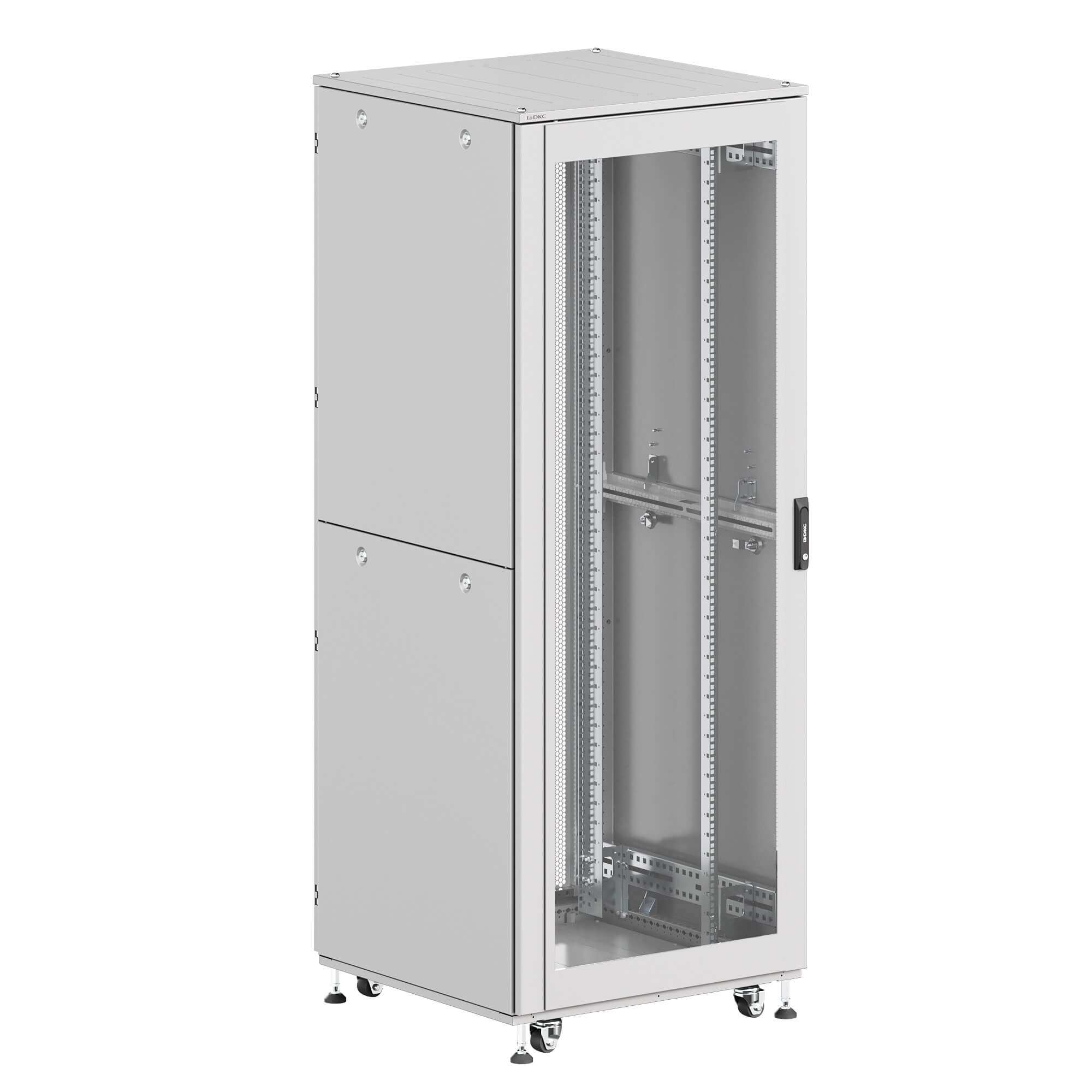Шкаф ДКС телекоммуникационный, Серия Т, напольный, разобранный 19", 42U 800x800мм, крыша с вырубкой, дверь перф. и двойная перф., двойные боковые панели, серый RAL7035