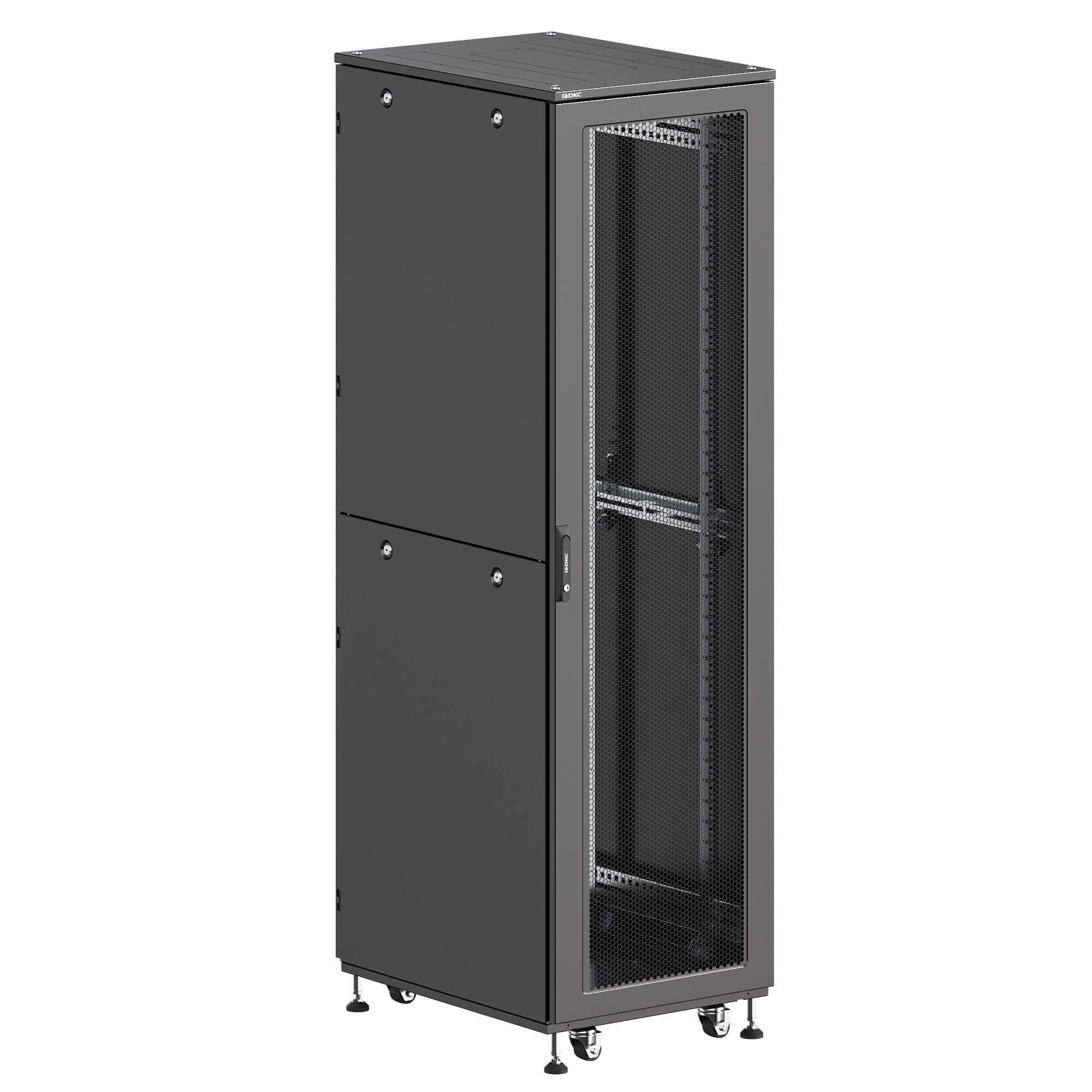 Шкаф ДКС телекоммуникационный, Серия Т, напольный, разобранный 19", 47U 600x600мм, крыша с вырубкой, дверь перф. и перф., двойные боковые панели, черный RAL9005