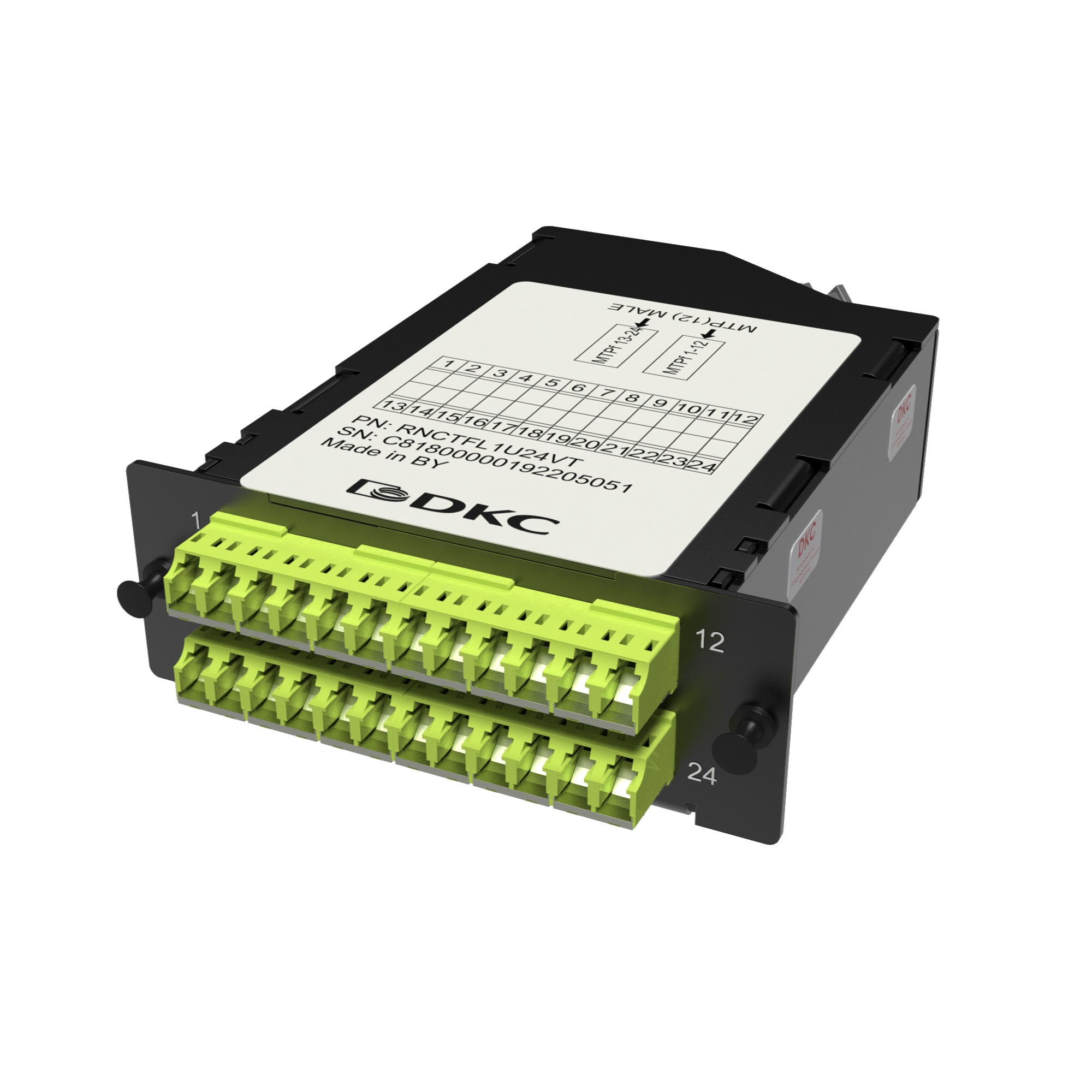 Претерминированная кассета 24ОВ 50/125 OM5, 2xMTP(12)f/12xLC двухволоконный (Duplex) (с интегрированными шторками), 1 HU