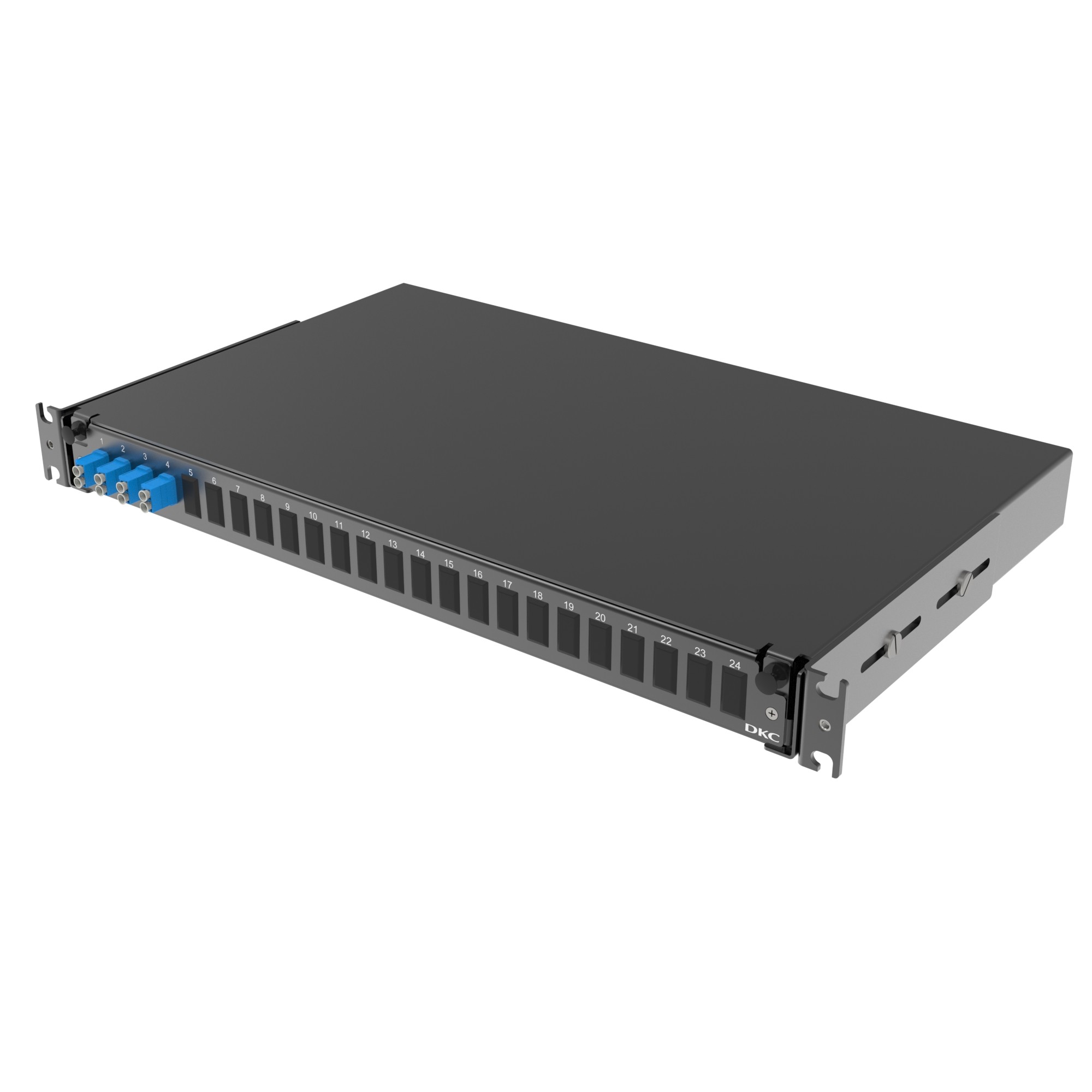 Оптическая полка выдвижная 1U с адатерами 4 х двухволоконный (Duplex) LC OS2 в комплекте с лицевой панелью, пигтейлами, сплайс-кассет(ой/ами) и гильзами КДЗС