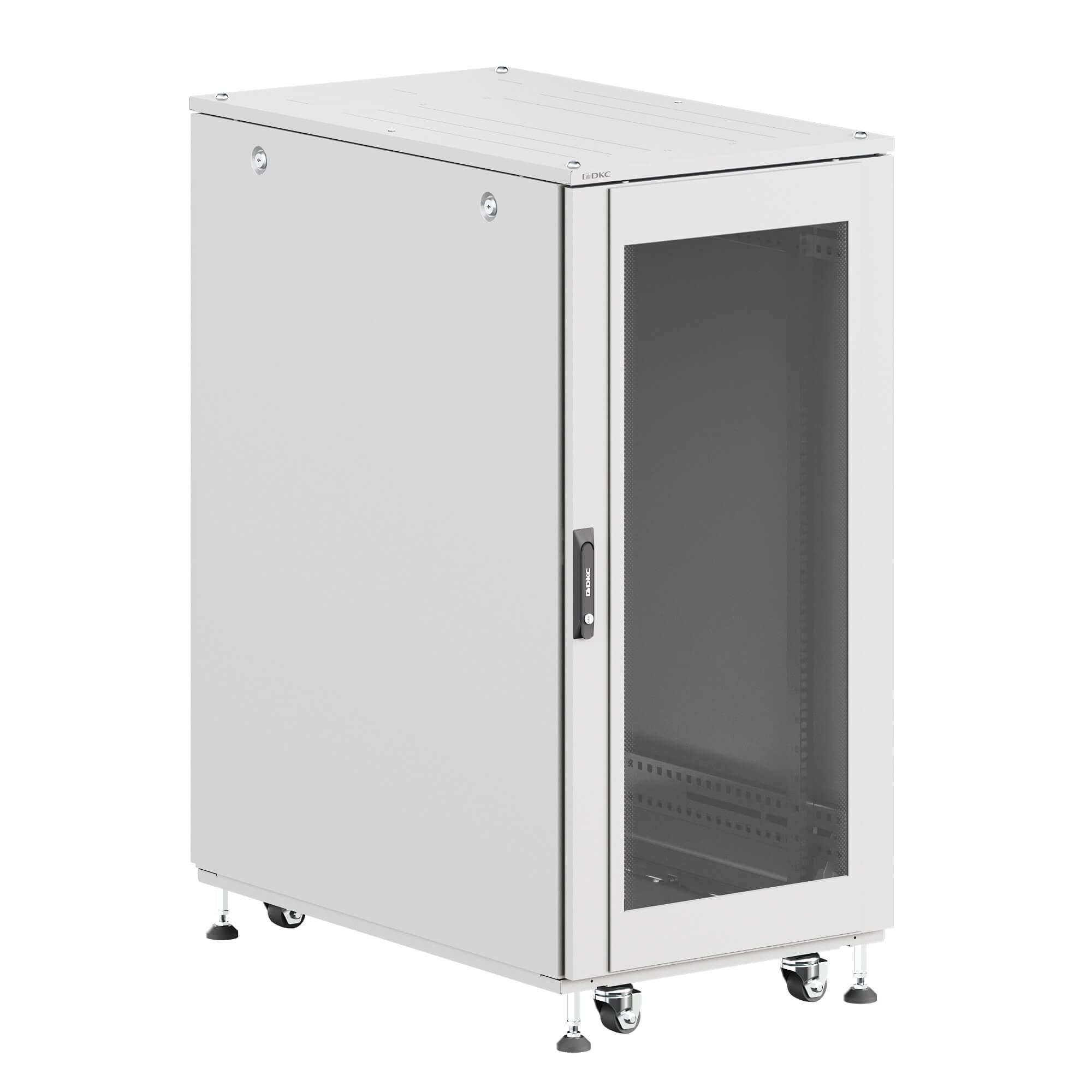 Шкаф ДКС телекоммуникационный, Серия Т, напольный, разобранный 19", 24U 600x1000мм, крыша с вырубкой, дверь стекло и сплошная металл, одинарные боковые панели, серый RAL7035