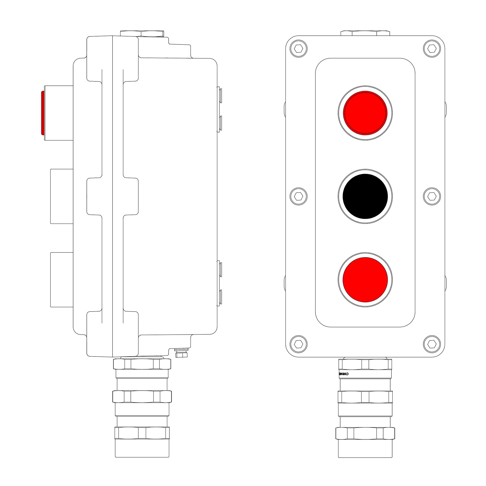 Взрывонепроницаемый пост управления из алюминия LCSD-03-B-MC-L1R(220)x1-P1B(11)x1-P1R(11)x1-PCMB-KA3MHK / 1Ex d IIB T5 Gb / Ex tb IIIC T95°С Db IP66