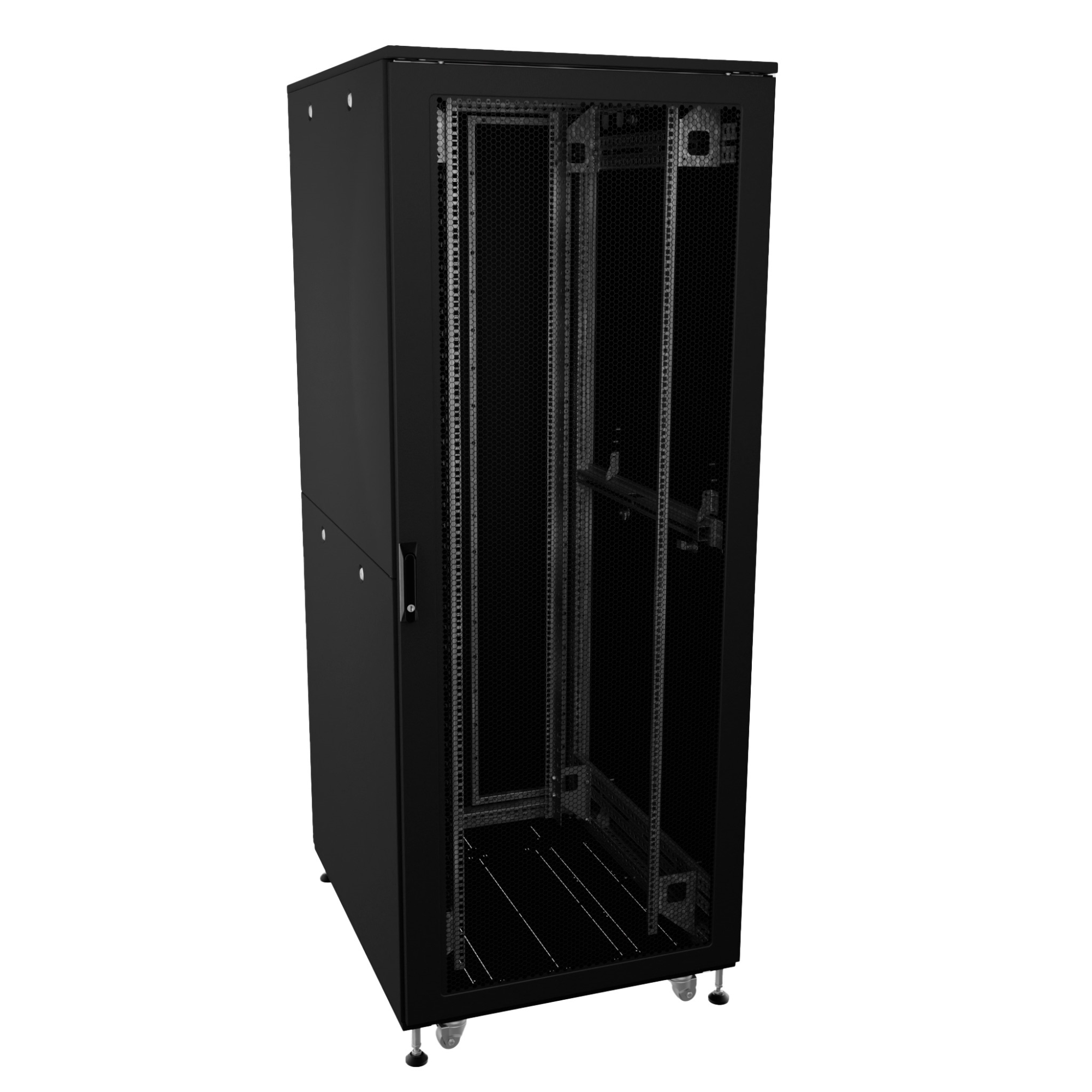 Шкаф ДКС телекоммуникационный, Серия Т, напольный, разобранный 19", 32U 600x800мм, крыша с вырубкой, дверь перф. и перф., одинарные боковые панели, черный RAL9005