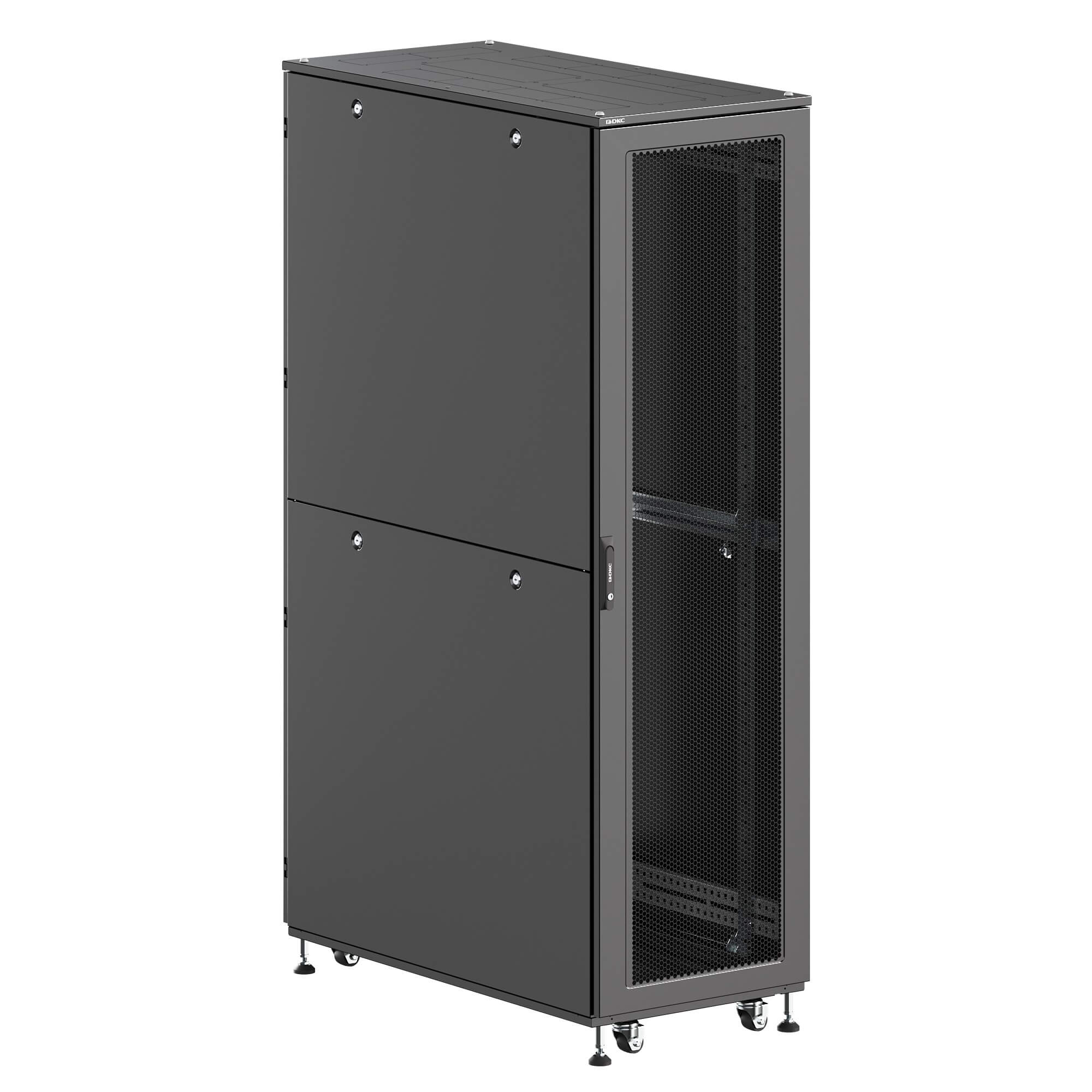 Шкаф ДКС телекоммуникационный, Серия Т, напольный, разобранный 19", 47U 600x1200мм, крыша с вырубкой, дверь перф. и двойная перф., двойные боковые панели, черный RAL9005
